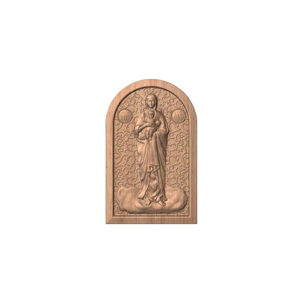 Icoană sculptată în lemn masiv de stejar – Maica Domnului și Iisus Hristos – 30 x 19 cm