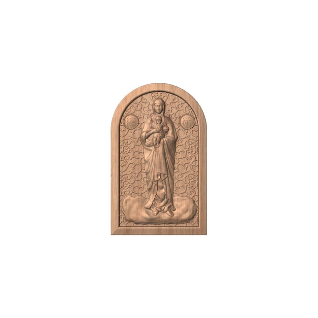 Icoană sculptată în lemn masiv de stejar – Maica Domnului și Iisus Hristos – 30 x 19 cm