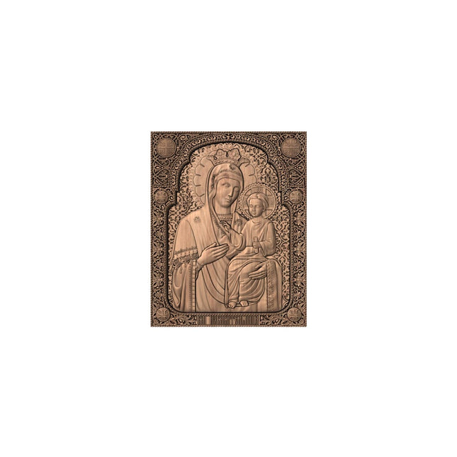 Icoană sculptată în lemn masiv de stejar – Maica Domnului și Iisus Hristos – 30 x 24 cm