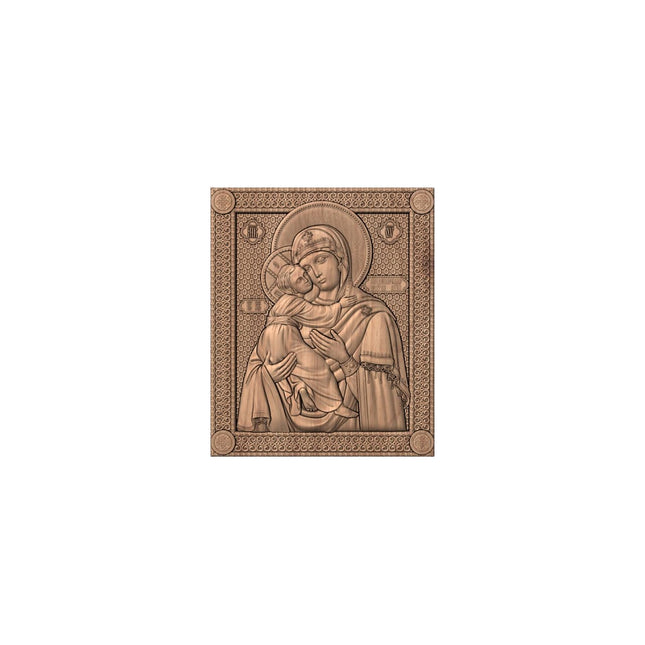 Icoană sculptată în lemn masiv de stejar – Maica Domnului și Iisus Hristos – 30 x 25 cm