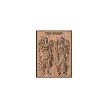 Icoană sculptată în lemn masiv de stejar – Sfinții Arh. Mihail și Gavriil – 30 x 23 cm