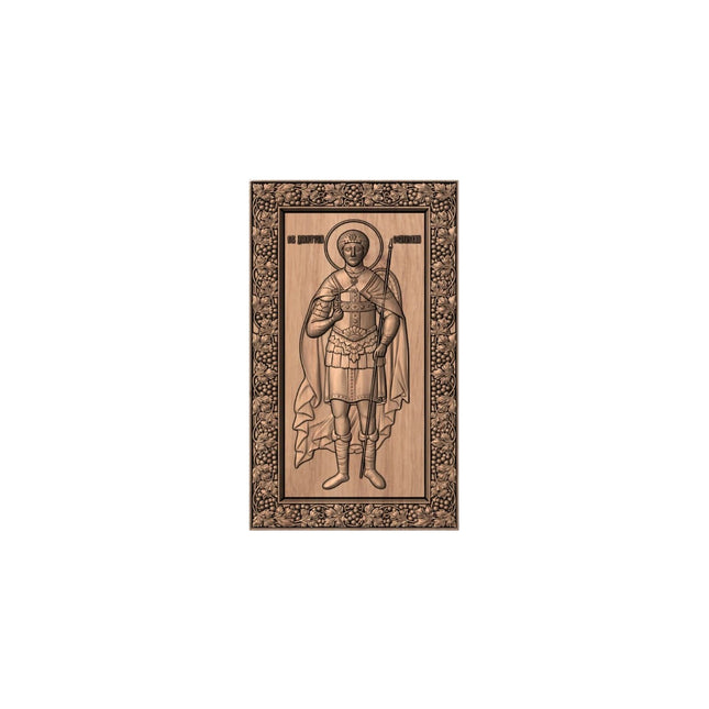 Icoană sculptată în lemn masiv de stejar – Sfântul Dimitrie izvorâtorul de mir – 30 x 18 cm