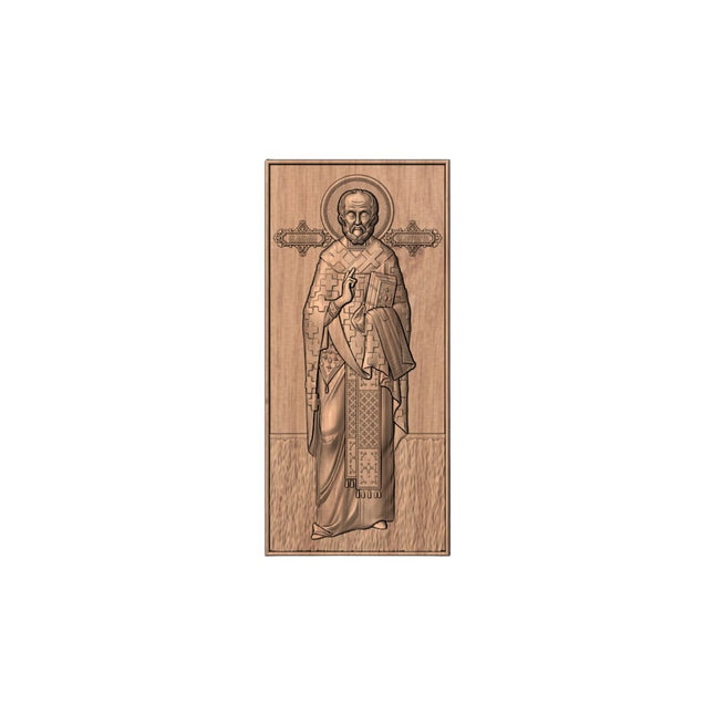Icoană sculptată în lemn masiv de stejar – Sfântul Ierarh Nicolae – 30 x 14 cm