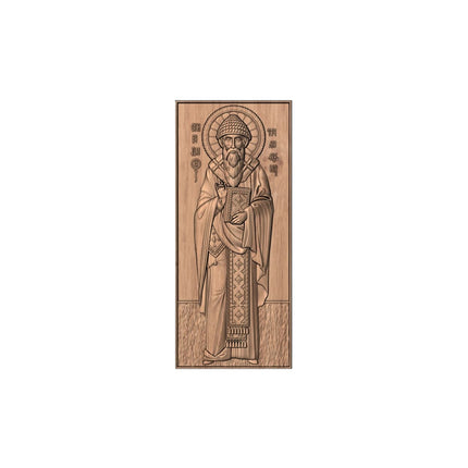 Icoană sculptată în lemn masiv de stejar – Sfântul Ierarh Spiridon – 30 x 13 cm