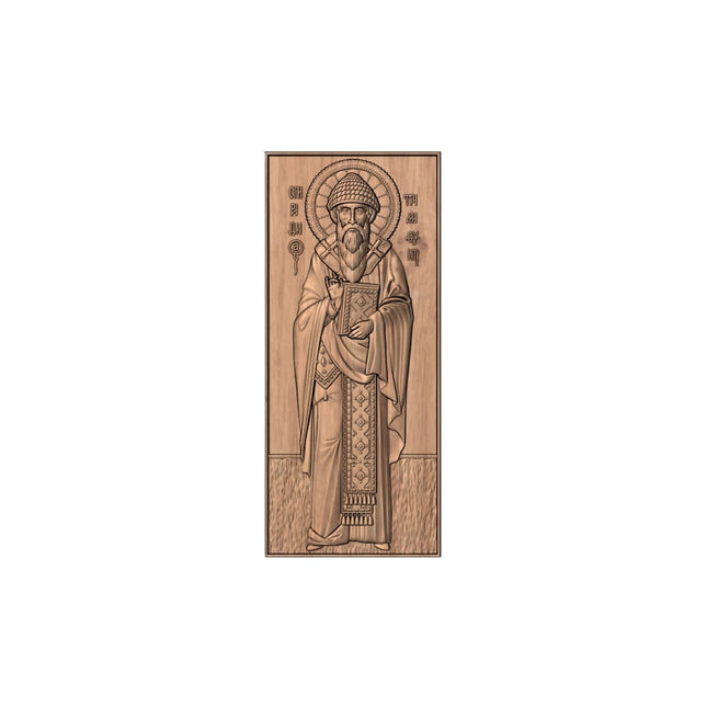 Icoană sculptată în lemn masiv de stejar – Sfântul Ierarh Spiridon – 30 x 13 cm