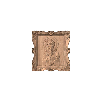 Icoană sculptată în lemn masiv de stejar – Sfântul Ierarh Spiridon – 30 x 28 cm