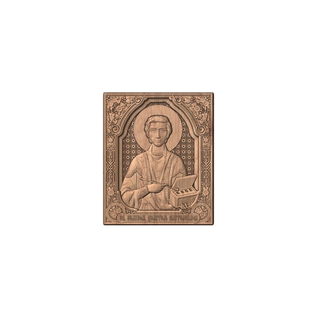 Icoană sculptată în lemn masiv de stejar – Sfântul M. Mc. Pantelimon – 30 x 25 cm