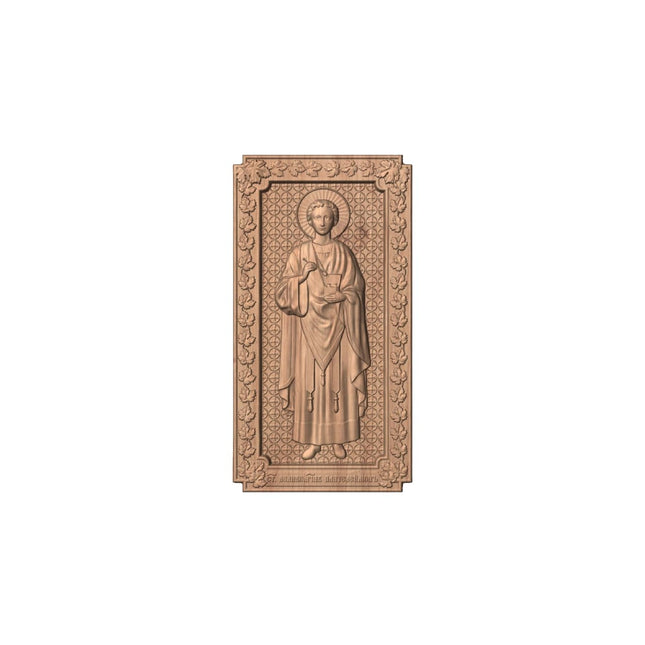 Icoană sculptată în lemn masiv de stejar – Sfântul M. Mc. Pantelimon – 30 x 16 cm