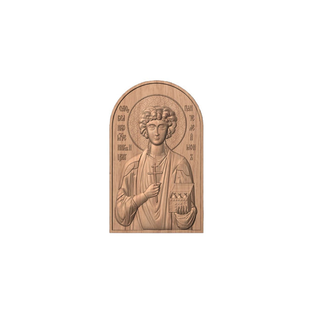 Icoană sculptată în lemn masiv de stejar – Sfântul M. Mc. Pantelimon – 30 x 18 cm
