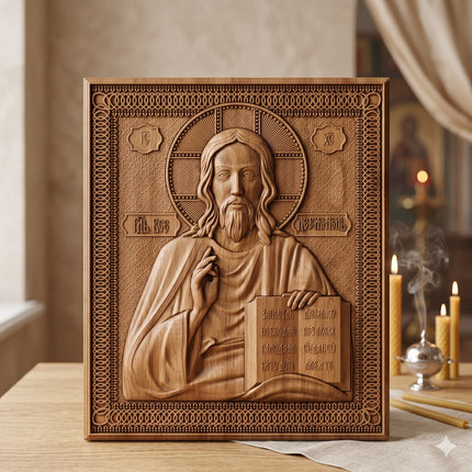 Icoană sculptată în lemn de stejar care îl reprezintă pe Iisus Hristos.