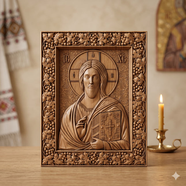 Icoană sculptată în lemn de stejar care îl reprezintă pe Iisus Hristos.