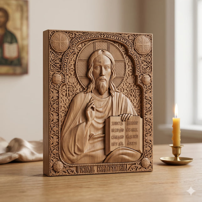 Icoană sculptată în lemn de stejar care îl reprezintă pe Iisus Hristos.