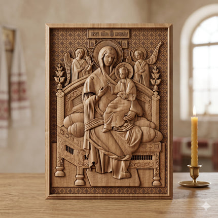 Icoană sculptată în lemn de stejar care o reprezintă pe Maica Domnului și Iisus Hristos.