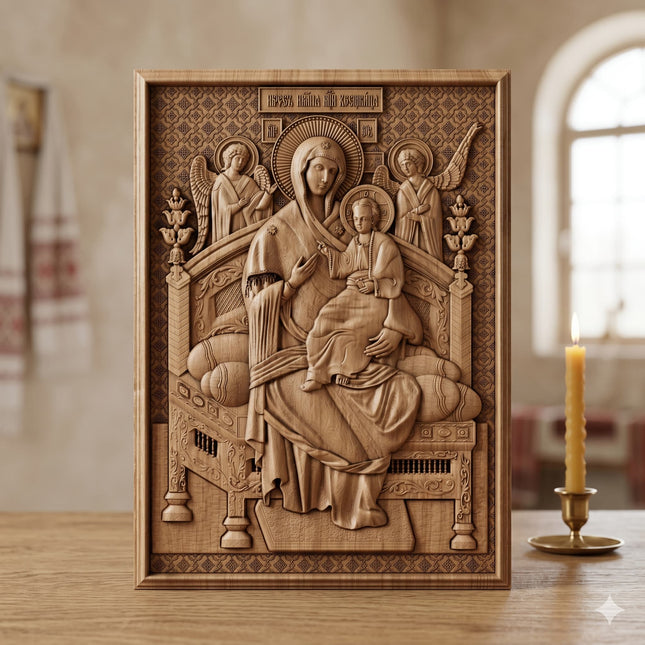 Icoană sculptată în lemn de stejar care o reprezintă pe Maica Domnului și Iisus Hristos.