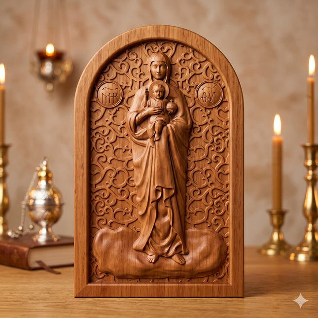 Icoană sculptată în lemn de stejar care o reprezintă pe Maica Domnului și Iisus Hristos.