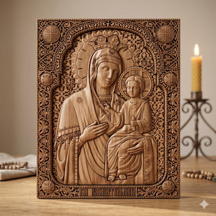 Icoană sculptată în lemn de stejar care o reprezintă pe Maica Domnului și Iisus Hristos.