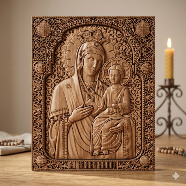 Icoană sculptată în lemn de stejar care o reprezintă pe Maica Domnului și Iisus Hristos.