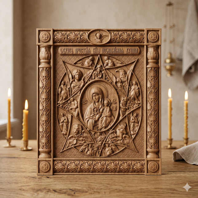 Icoană sculptată în lemn de stejar care o reprezintă pe Maica Domnului și Iisus Hristos.