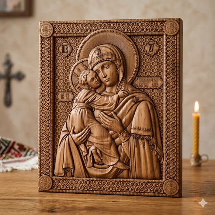 Icoană sculptată în lemn de stejar care o reprezintă pe Maica Domnului și Iisus Hristos.