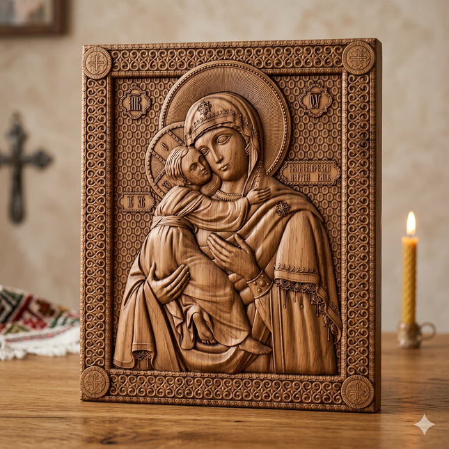 Icoană sculptată în lemn de stejar care o reprezintă pe Maica Domnului și Iisus Hristos.