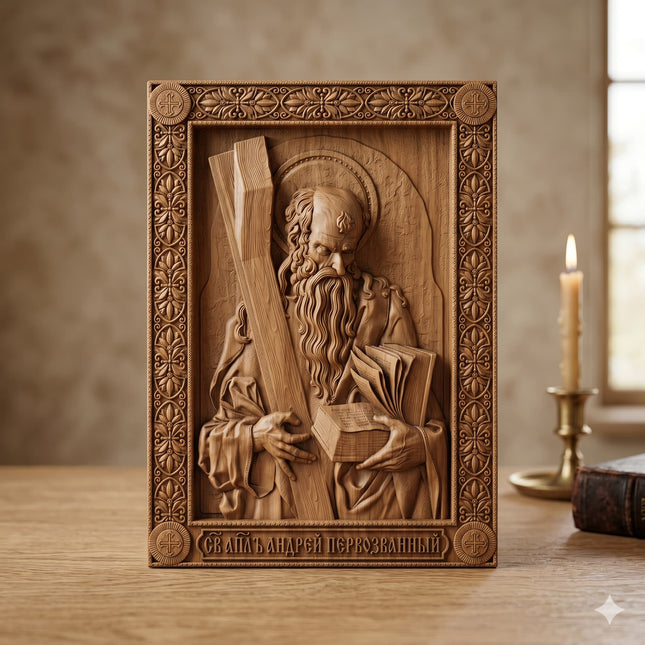 Icoană sculptată în lemn de stejar care îl reprezintă pe Sfântul Apostol Andrei.