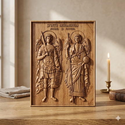 Icoană sculptată în lemn de stejar care îi reprezintă pe Sfinții Arhangheli Mihail și Gavriil.