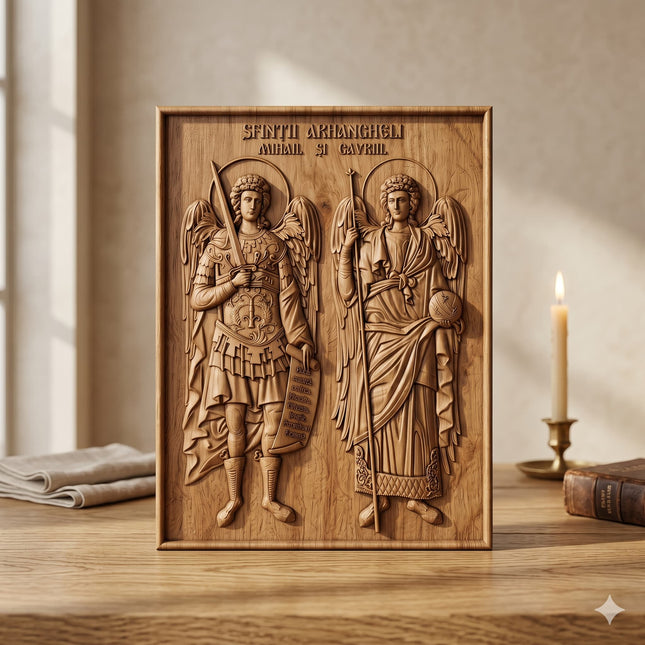 Icoană sculptată în lemn de stejar care îi reprezintă pe Sfinții Arhangheli Mihail și Gavriil.