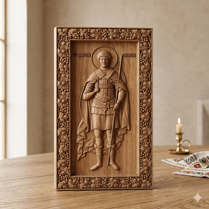 Icoană sculptată în lemn de stejar care îl reprezintă pe Sfântul Dimitrie izvorâtorul de mir.