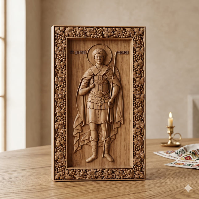 Icoană sculptată în lemn de stejar care îl reprezintă pe Sfântul Dimitrie izvorâtorul de mir.