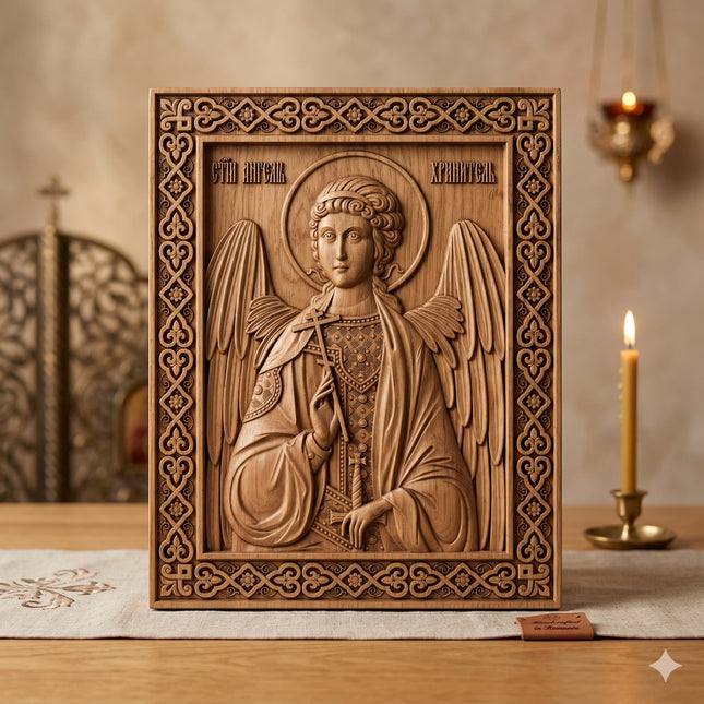 Icoană sculptată în lemn de stejar care îl reprezintă pe Îngerul păzitor.