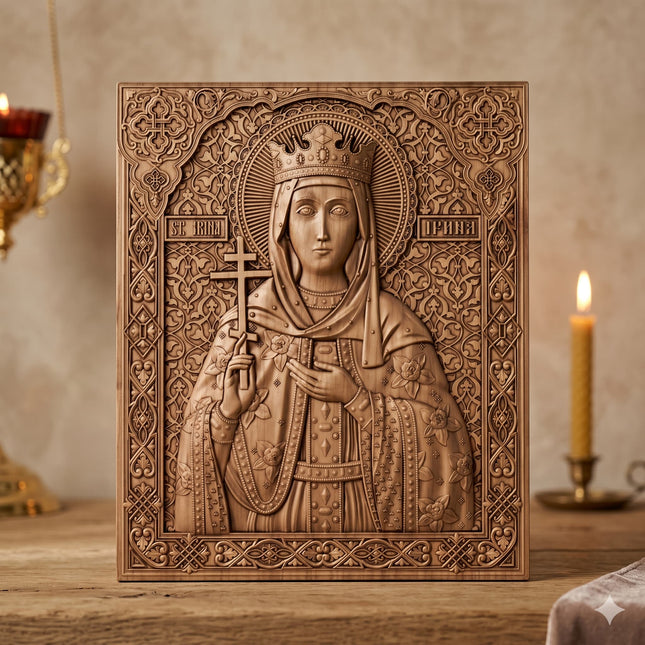 Icoană sculptată în lemn de stejar care o reprezintă pe Sfânta Împărăteasă Elena.