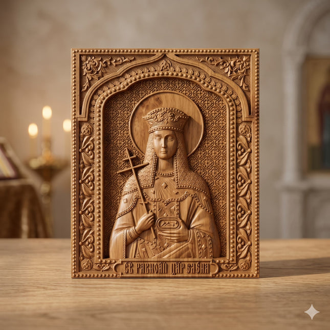 Icoană sculptată în lemn de stejar care o reprezintă pe Sfânta Împărăteasă Elena.