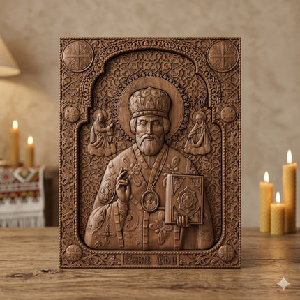 Icoană sculptată în lemn de stejar care îl reprezintă pe Sfântul Ierarh Nicolae.