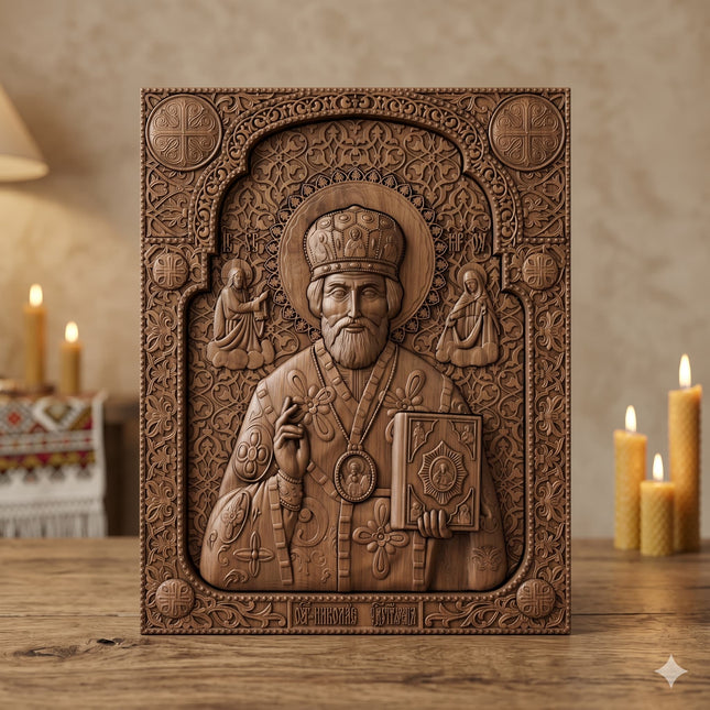 Icoană sculptată în lemn de stejar care îl reprezintă pe Sfântul Ierarh Nicolae.