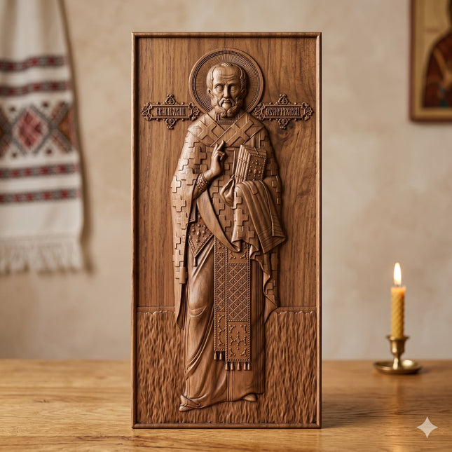 Icoană sculptată în lemn de stejar care îl reprezintă pe Sfântul Ierarh Nicolae.