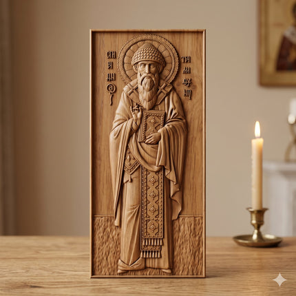 Icoană sculptată în lemn de stejar care îl reprezintă pe Sfântul Ierarh Spiridon.