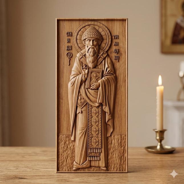 Icoană sculptată în lemn de stejar care îl reprezintă pe Sfântul Ierarh Spiridon.