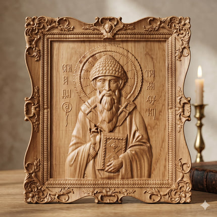 Icoană sculptată în lemn de stejar care îl reprezintă pe Sfântul Ierarh Spiridon.