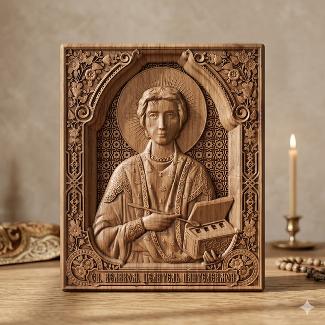 Icoană sculptată în lemn de stejar care îl reprezintă pe Sfântul M. Mc. Pantelimon.