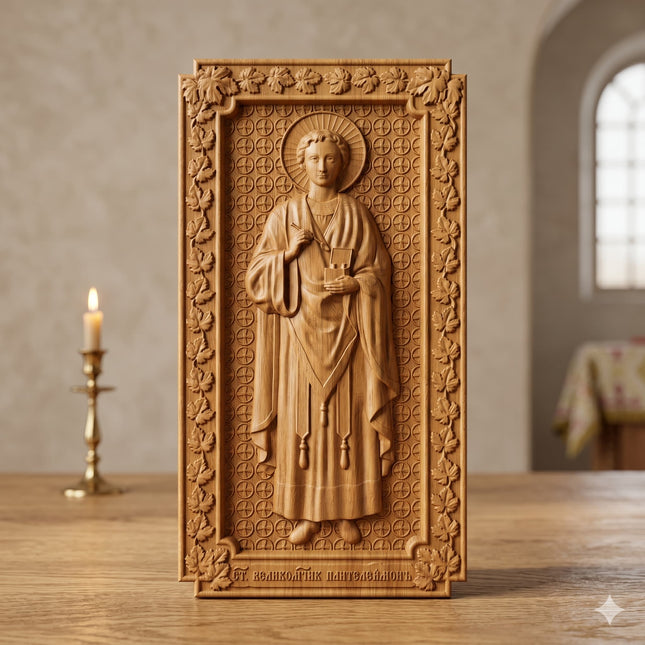 Icoană sculptată în lemn de stejar care îl reprezintă pe Sfântul M. Mc. Pantelimon.