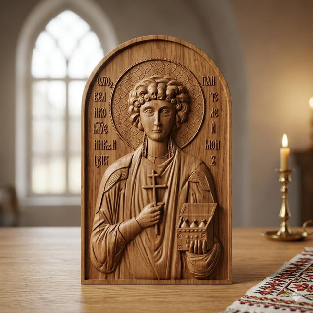 Icoană sculptată în lemn de stejar care îl reprezintă pe Sfântul M. Mc. Pantelimon.