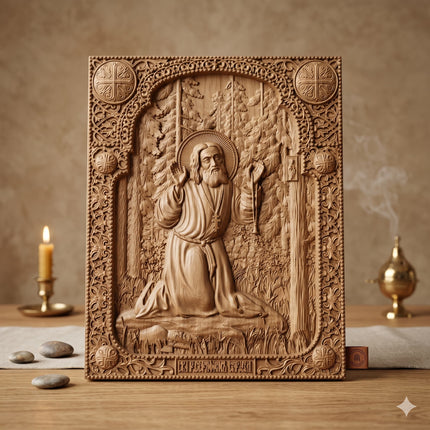 Icoană sculptată în lemn de stejar care îl reprezintă pe Sfântul Serafim de Sarov.
