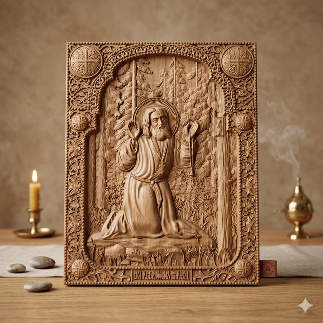Icoană sculptată în lemn de stejar care îl reprezintă pe Sfântul Serafim de Sarov.