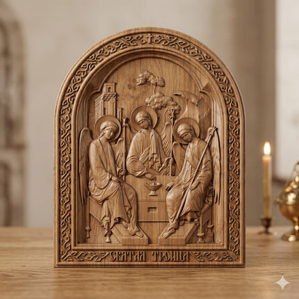 Icoană sculptată în lemn de stejar care reprezintă Sfânta Treime.