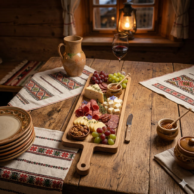 Platou de servire din lemn pentru brânzeturi și mezeluri, design rustic, ideal pentru evenimente sau cadou.