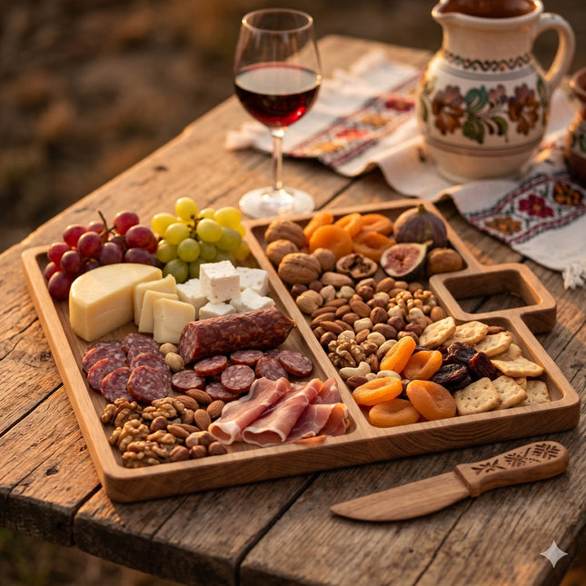 Platou de servire din lemn pentru brânzeturi și mezeluri, design rustic, ideal pentru evenimente sau cadou.