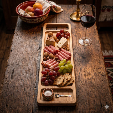 Platou de servire din lemn pentru brânzeturi și mezeluri, design rustic, ideal pentru evenimente sau cadou.