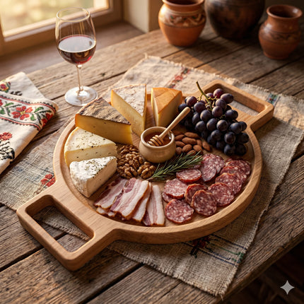 Platou de servire din lemn pentru brânzeturi și mezeluri, design rustic, ideal pentru evenimente sau cadou.