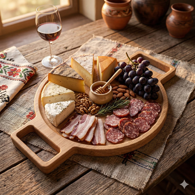 Platou de servire din lemn pentru brânzeturi și mezeluri, design rustic, ideal pentru evenimente sau cadou.