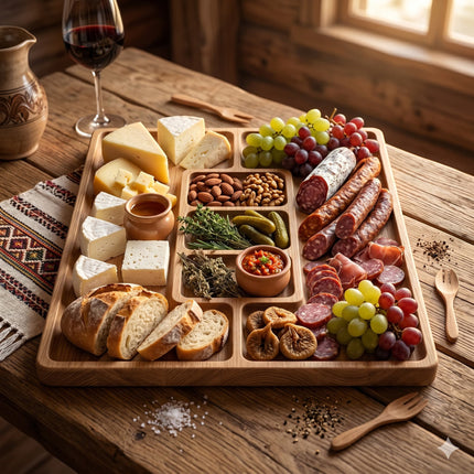 Platou de servire din lemn pentru brânzeturi și mezeluri, design rustic, ideal pentru evenimente sau cadou.